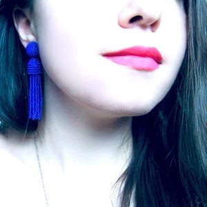 Blue Beaded Tassel Earrings